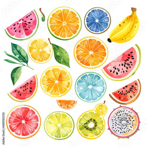 Vibrant Watercolor Assortment of Fresh Sliced Fruits and Banana Bunch