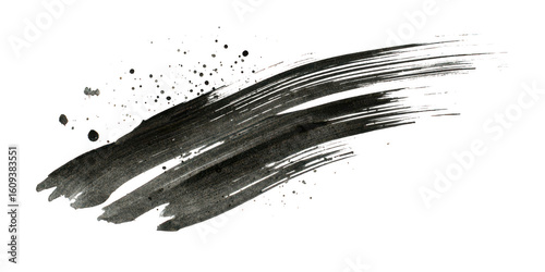 A bold black ink brush stroke with splatters isolated on transparent background