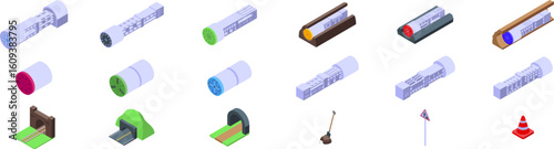 Tunnel boring machine icons set. Isometric set of icons showing different stages of tunnel construction, from blueprints to completed tunnels for roads and railways