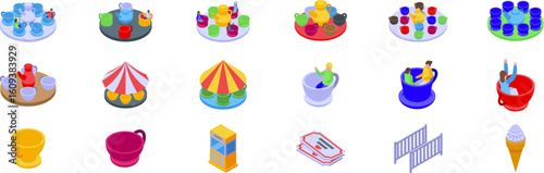 Tea cup carousel icons set. Colorful isometric icons represent teacup rides, evoking amusement park excitement and family entertainment