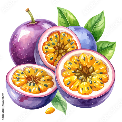 Vibrant watercolor illustration of whole and halved purple passion fruits with seedy yellow pulp.