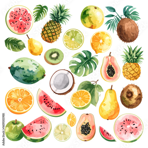 Colorful watercolor tropical fruit and leaf assortment, featuring sliced watermelon, pineapple, papaya, and citrus.
