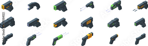 Taser stun gun icons set. Various stun guns displaying diverse futuristic aesthetics, emphasizing personal safety and security in a technologically advanced setting