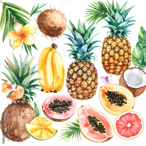 Vibrant watercolor illustration of assorted tropical fruits, flowers, and palm leaves.