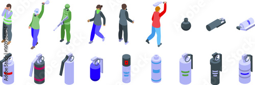 Tear gas icons set. Isometric protesters throwing molotov cocktails, using tear gas, and other weapons during demonstration