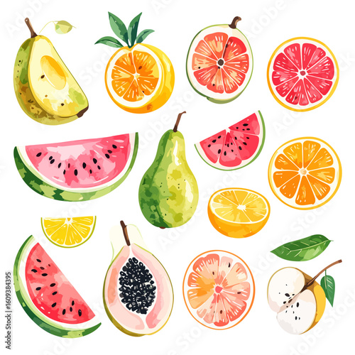 Watercolor Illustration of Various Fresh, Colorful, and Juicy Fruits