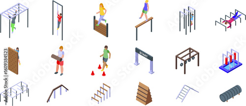 Obstacle course racing icons set. Athletes exercising using obstacle course equipment, isometric icons of outdoor gym