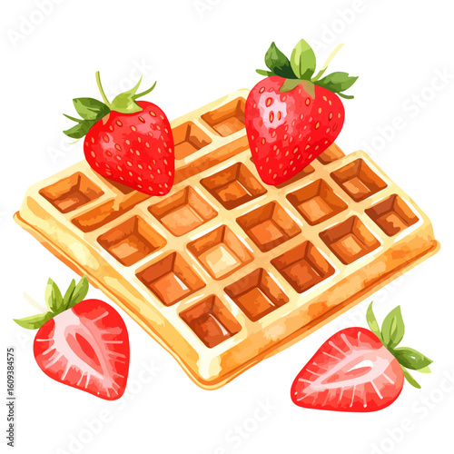 Golden Belgian waffle with fresh whole and sliced strawberries in a vibrant watercolor style.