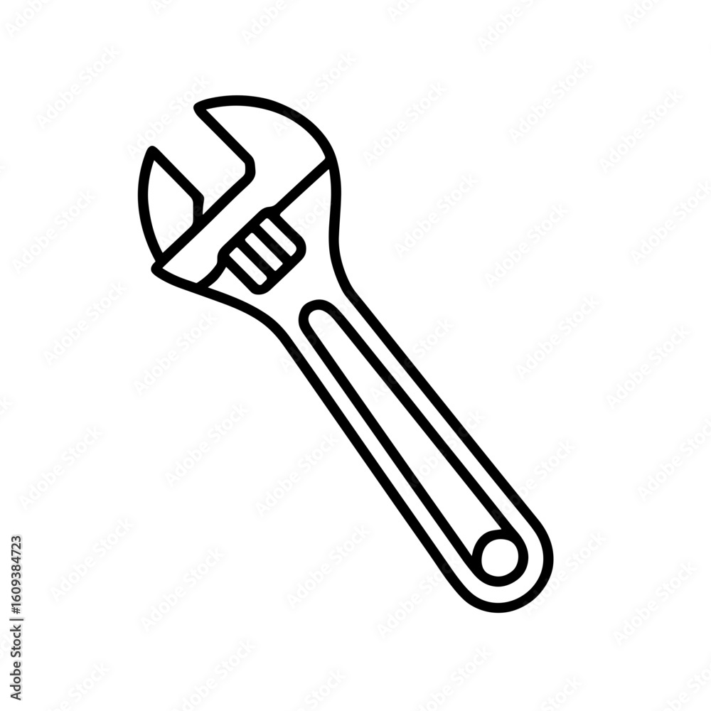 Adjustable wrench icon in outline style representing mechanical tool Adjustable wrench icon in outline style representing mechanical tool