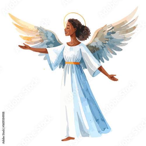 Serene Black angel with a golden halo and large wings, in a welcoming watercolor style.