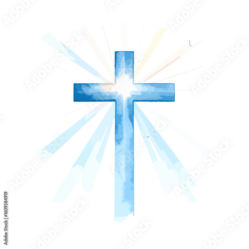 Blue watercolor Christian cross with a glowing center and radiating light beams.