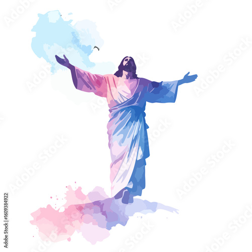 Artistic depiction of Jesus Christ with outstretched arms in watercolor style