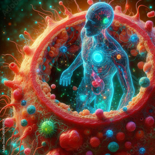 An AI-powered nanobot swarm repairing damaged cells inside a human body, microscopic view with vibrant colors