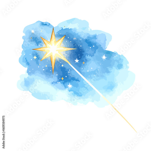 Bright golden eight-pointed star with a long glowing tail against a watercolor blue night sky.