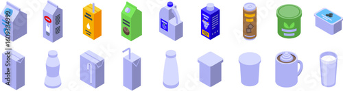 Milk drink box icons set. Isometric set of milk product packaging presenting diverse dairy beverages, containers, and milk related items