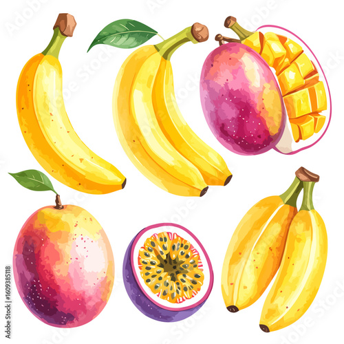 A vibrant watercolor illustration set of tropical fruits, including ripe bananas, whole and sliced mangoes, and exotic passion fruit.