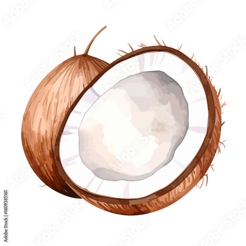 Watercolor Style Coconut Illustration: Whole and Halved with Detailed Husk Texture