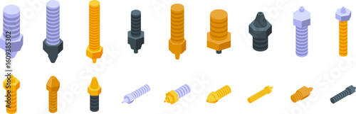 3d printer nozzle icons set. Collection of isometric extruder nozzles commonly used in 3d printers, showcasing variations in size, material, and tip shape