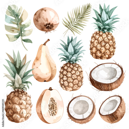 Watercolor collection of tropical fruits and leaves, including pineapple, coconut, and papaya, in a muted, earthy color palette.