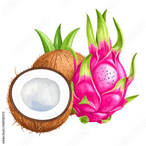 A vibrant illustration of exotic tropical fruits, featuring a halved coconut with white flesh and a bright pink dragon fruit.