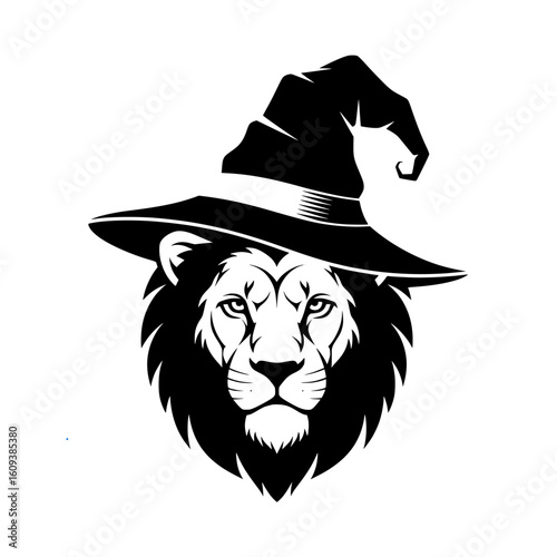 A mascot or logo illustration of a mighty lion's head wearing a wizard hat. 