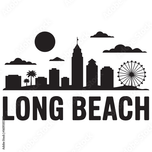 Long Beach skyline horizontal banner. Long Beach, California. Vector template for your design. Vector black silhouette. with white background
