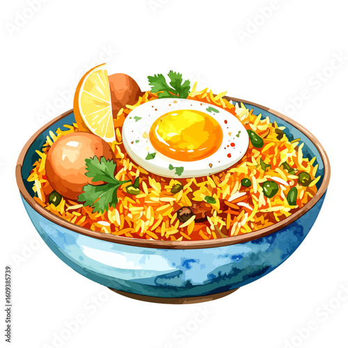 Watercolor illustration of a vibrant bowl of yellow rice topped with a fried egg, boiled eggs, and a lemon wedge.
