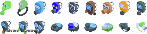 Rubber hazard gas mask icons set. Collection of various respirator masks ensuring safety in hazardous environments