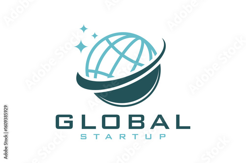 Global startup logo design. Globe with orbit effect and stars, business consulting vector illustration