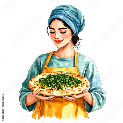 Serene woman in a blue headscarf and yellow apron holding a freshly baked herb flatbread.