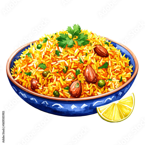 Flavorful yellow rice pilaf with almonds and cilantro in a decorative blue ceramic bowl.