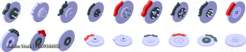 Disk brake icons set. Different isometric views of car brake systems ensuring reliable stopping power
