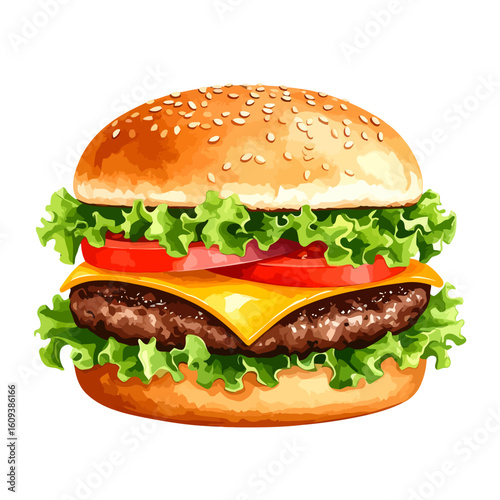Vibrant watercolor illustration of a classic cheeseburger with sesame seeds, lettuce, tomato, and melted cheese.