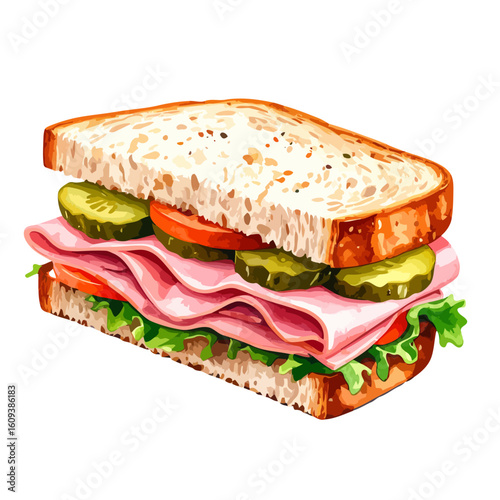 Artistic watercolor ham sandwich with toasted bread, crisp lettuce, red tomato, and green pickle slices.