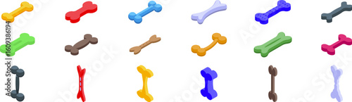 Dog bone toy icons set. Isometric set of colorful dog bone icons representing different treats and chew toys for canine companions