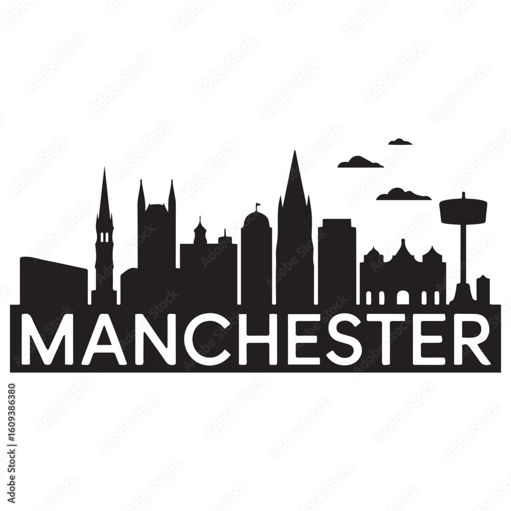 Naklejka premium Vector Manchester skyline. Travel Manchester famous landmarks. Business and tourism concept for presentation, banner, web site. Vector black silhouette. with white background