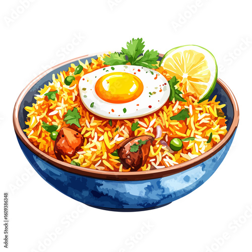 Vibrant Biryani Rice Bowl with Fried Egg, Chicken, Peas, and Fresh Lime Garnish