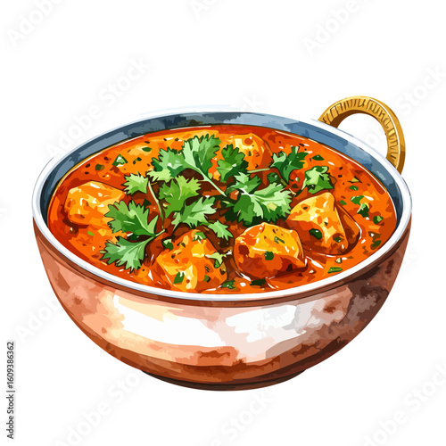 Colorful Illustration of Chicken Curry in Copper Pot