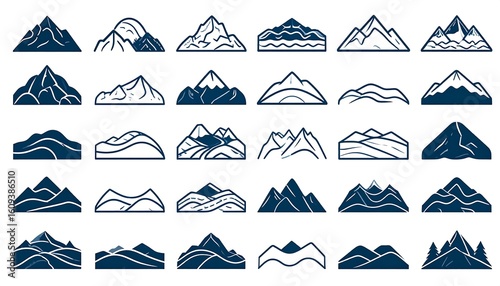 Set of 25 stylized mountain silhouettes.  Various shapes,  dark blue/gray lines on white background.  Different heights, slopes, and textures.  Simple, graphic design
