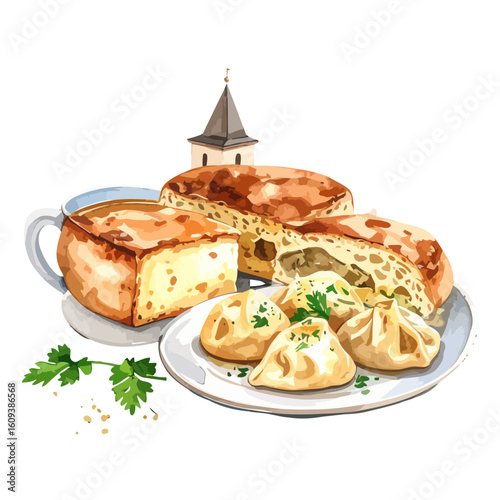 Watercolor Illustration of Georgian Cuisine: Khachapuri, Khinkali, and Herbs on a White Plate