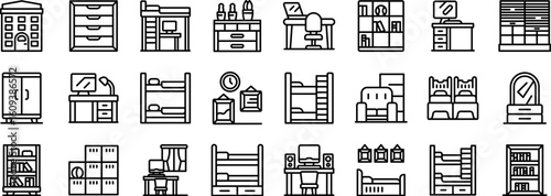 Dorm room icons set. Dorm room furniture set featuring bunk beds, desks, wardrobes, and storage solutions, creating a comfortable and organized living space for students