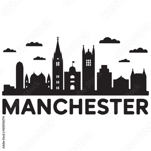 Vector Manchester skyline. Travel Manchester famous landmarks. Business and tourism concept for presentation, banner, web site. Vector black silhouette. with white background