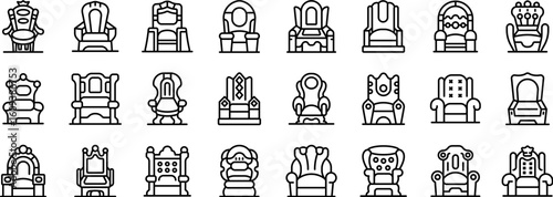 Royal throne icons set. Throne chair icons set, outline style, king and queen royal seats representing power and authority, line signs collection