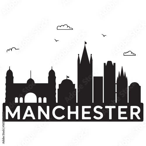 Vector Manchester skyline. Travel Manchester famous landmarks. Business and tourism concept for presentation, banner, web site. Vector black silhouette. with white background