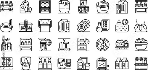 Dairy processing icons set. Icons depict various stages of milk processing, from storage tanks and quality control to automated bottling lines and packaging
