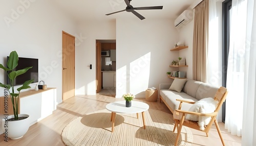 japandi style small apartment 3d, minimal neutral palette, geometric accents, smart furniture, serene aesthetic, modern tiny home interior