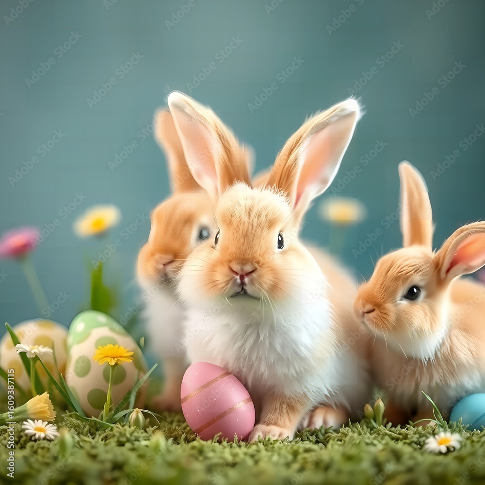 Fototapeta premium A group of easter bunnies sitting in the grass with easter eggs and small flowers on a blue background