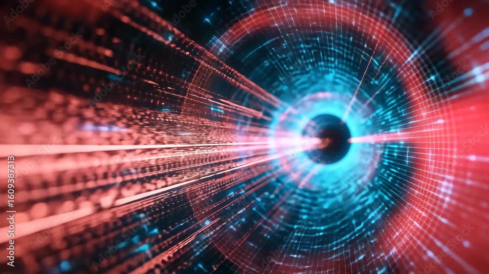 Abstract blue-orange tunnel of glowing lines, visual of the double-slit experiment