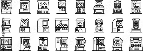 Arcade machine icons set. Set of arcade game machines, offering various gaming experiences from claw games to racing simulators and classic arcade cabinets