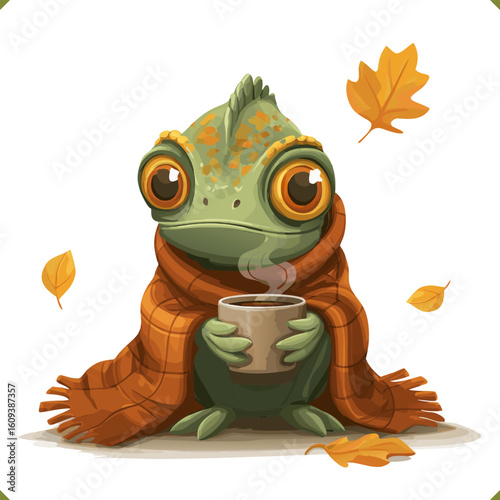 Vector illustration of a sad, sorrowful chameleon with big eyes in a plaid scarf holding a hot drink, surrounded by autumn leaves on a white background, isolated on white background